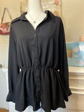Black Button-Front Peplum Shirt with Elastic Waist